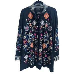 Johnny Was NWOT Midi Bomber Jacket Embroidered Long Black Duster Coat Sz S Boho